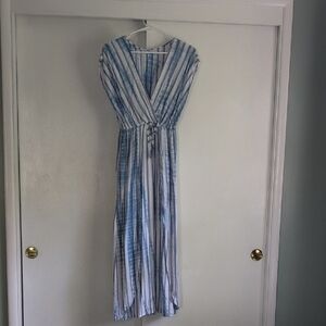 Blue Island Blue and White Puff Sleeve Maxi Dress